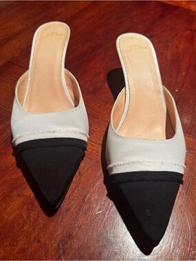 J. Crew Black and White Colorblock Pointed-Toe Slip-On Mules, Kitten Heel